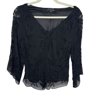 Black Beaded Gothic Chiffon Top V-Neck 3/4 Flared Sleeve Size S J Cara New York
